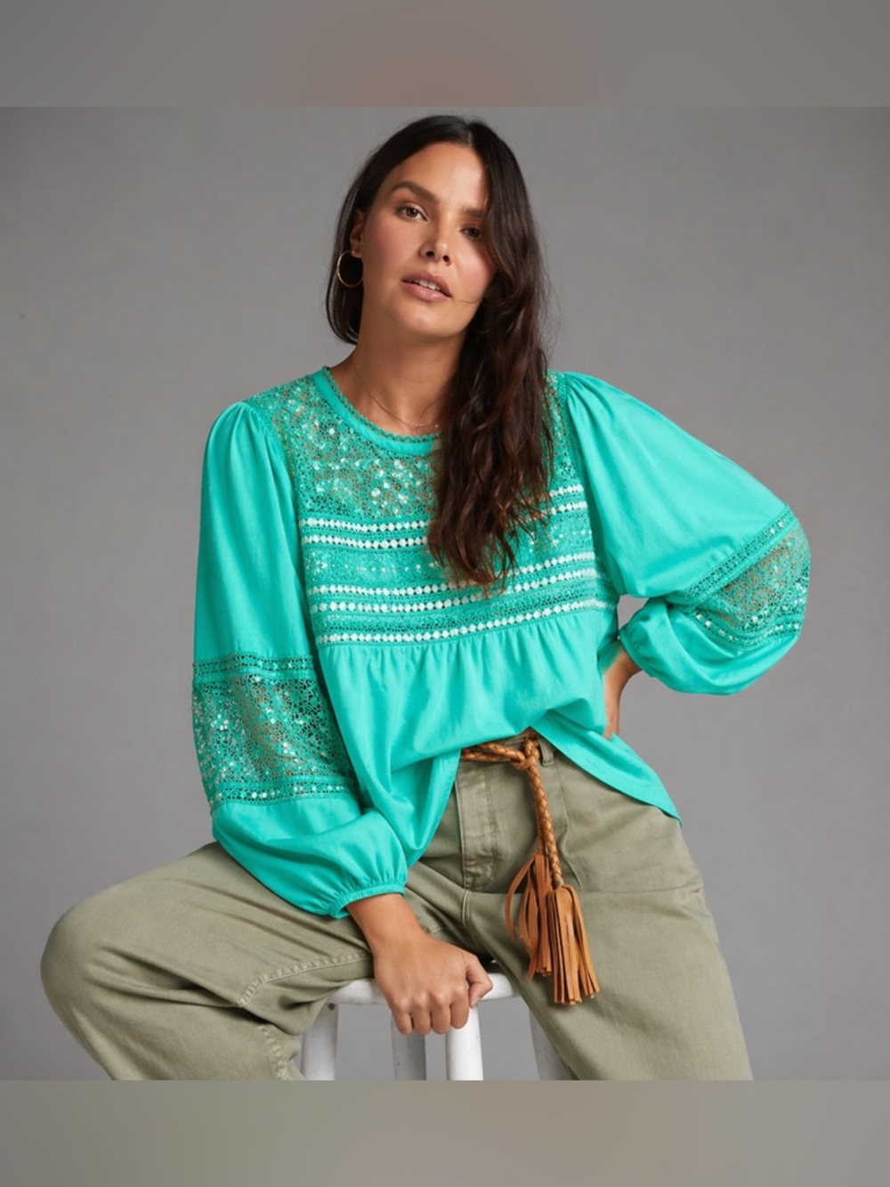 Blank London x Anthropologie Sunshine Embroidered Peasant Top in Green/Aqua